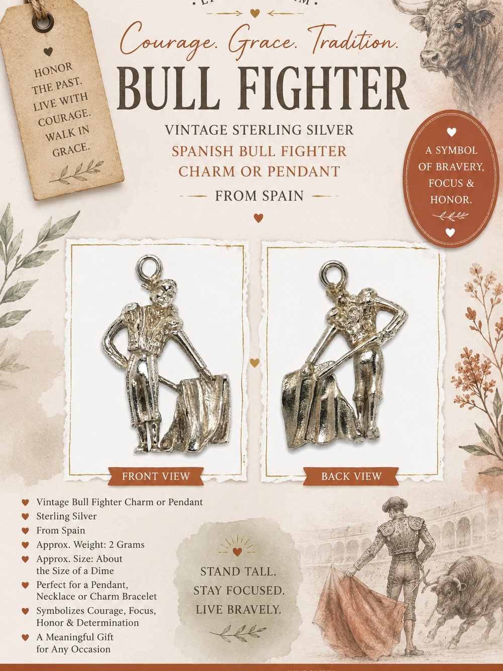 Bull Fighter Vintage Sterling Silver Charm Pendant - Silver